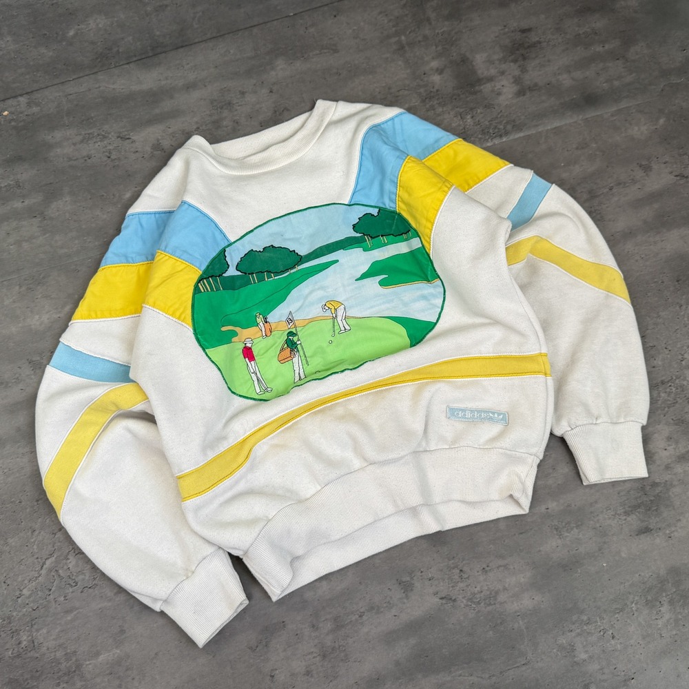 1980's Adidas White Yellow Blue Color block Golf Graphic Crewneck Sweatshirt